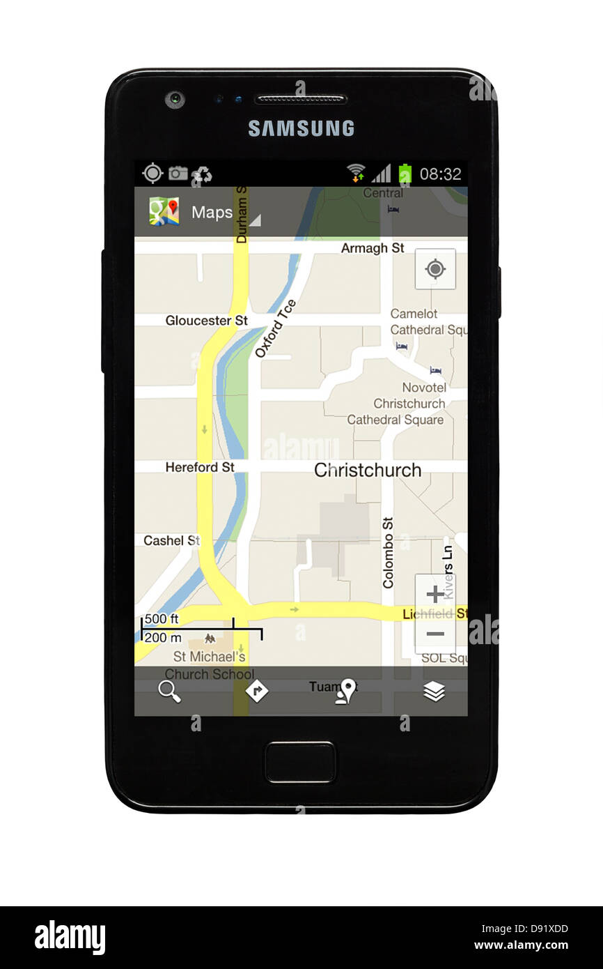 Samsung Galaxy S2 Smartphone mit Google-Karte von Christchurch Neuseeland auf dem Display. Stockfoto