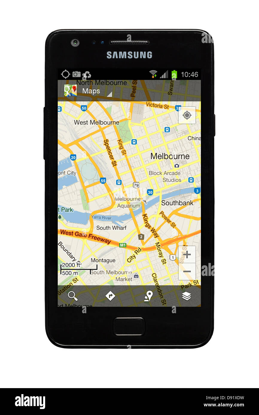 Samsung Galaxy S2 Smartphone mit Google-Karte von Melbourne auf dem Display. Stockfoto