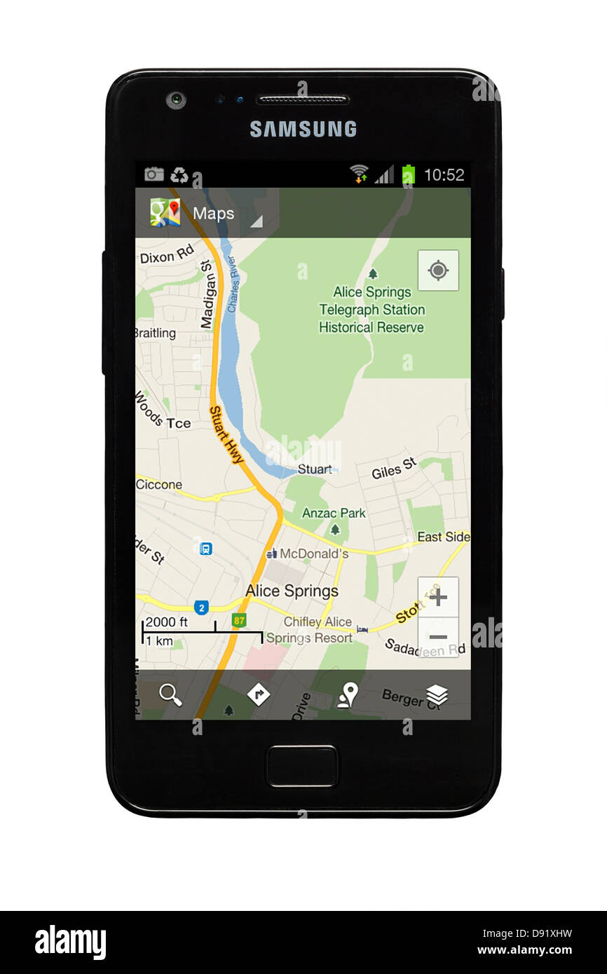 Samsung Galaxy S2 Smartphone mit Google-Karte von Alice Springs, Australien auf dem Display. Stockfoto