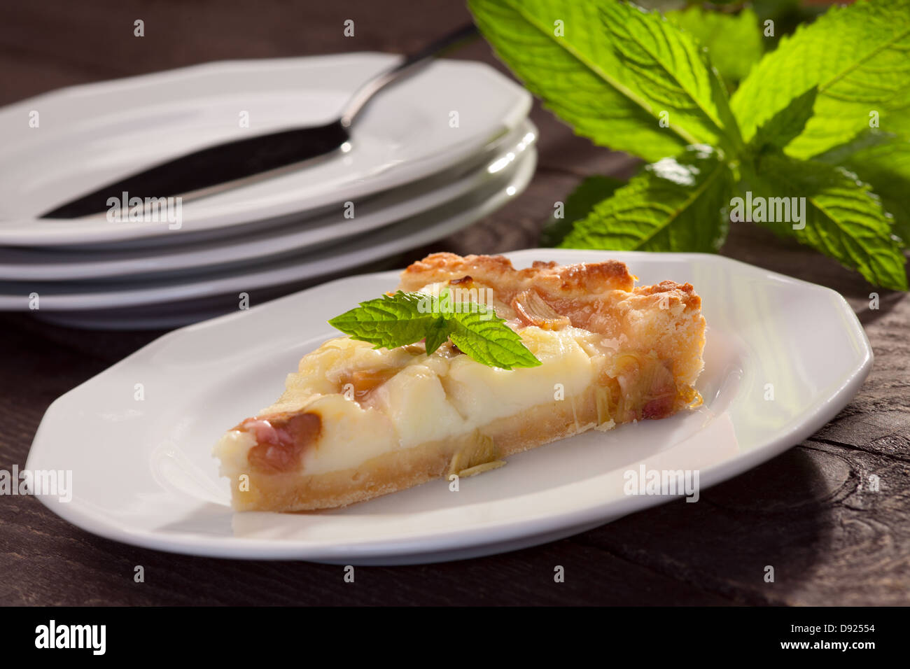 Stück Torte mit Rhabarber und Pudding auf weißen Teller, frische grüne Minze Stockfoto