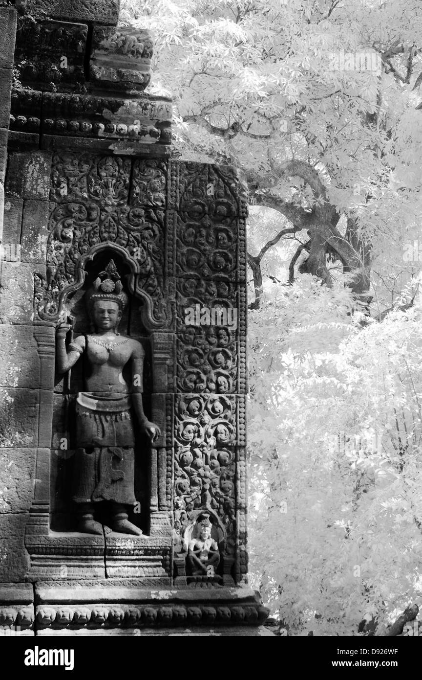 Kunstvolle Reliefs von Apsara an der Außenwand des Wat Phu Champasak, Süden von Laos Stockfoto