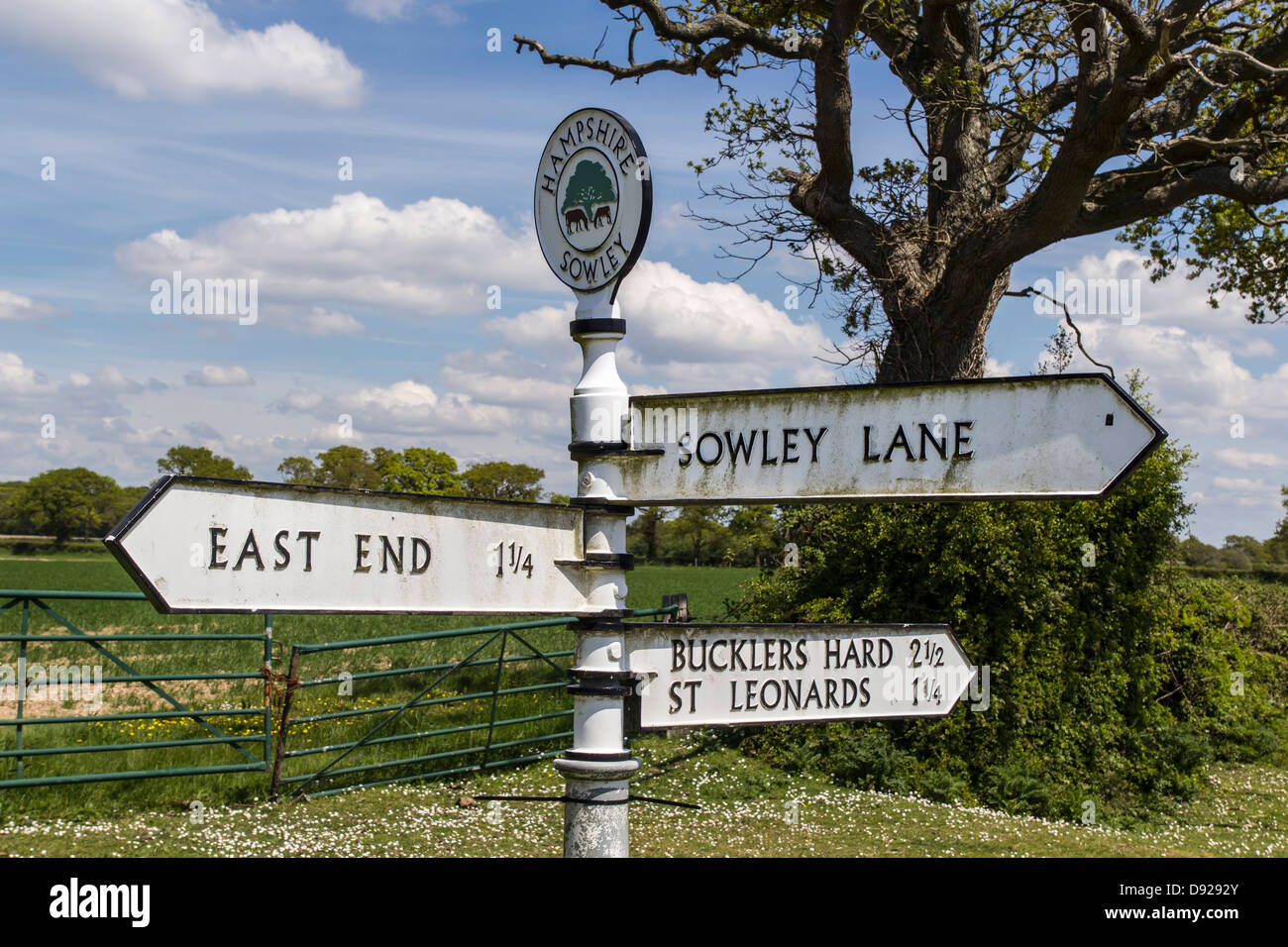 Englische ländliche Meilenstein unterzeichnen in Hampshire in der Nähe der Buckler schwer "und" Sowley Lane Stockfoto