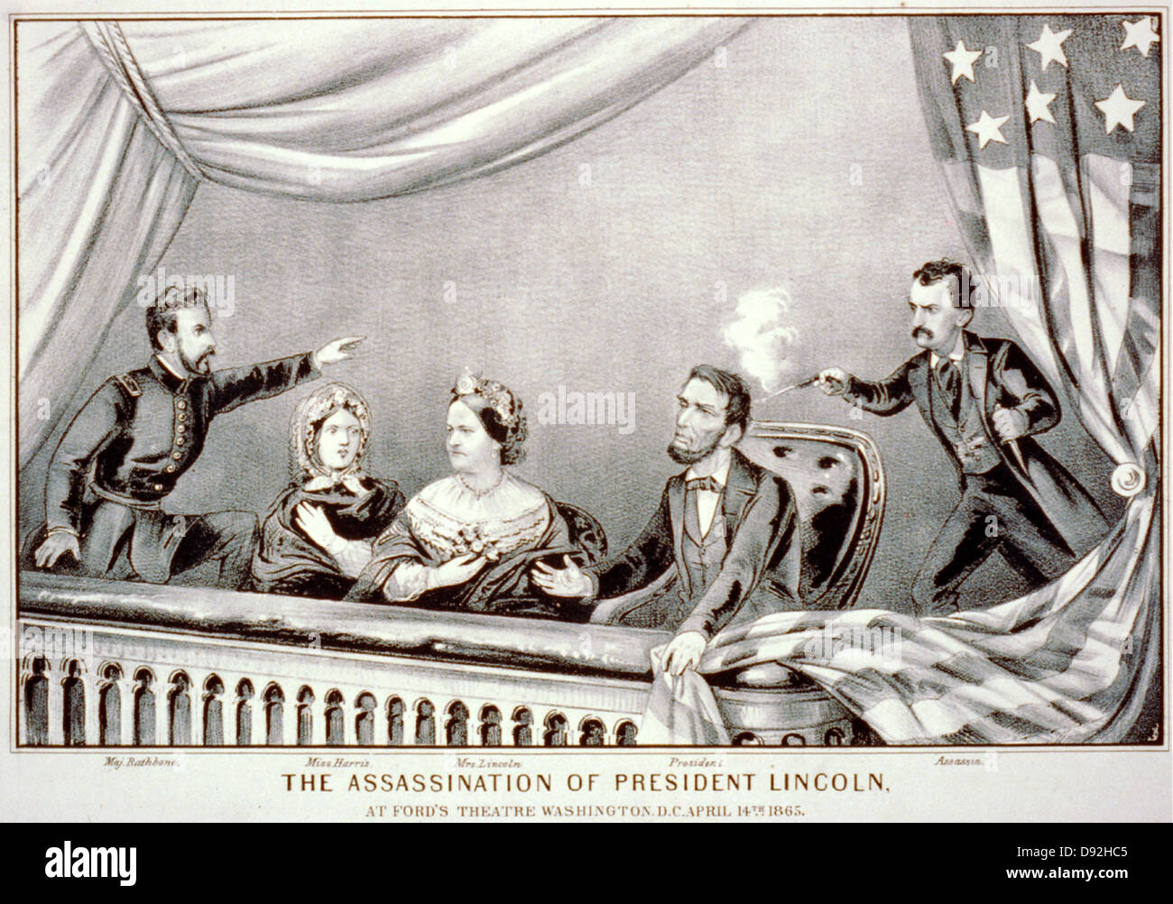 Ermordung von Abraham Lincoln. Henry Rathbone, Clara Harris, Mary Todd Lincoln, Abraham Lincoln und John Wilkes Booth. Stockfoto