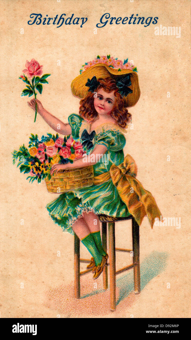Geburtstagsgrüße - Vintage-Karte mit Mädchen sitzen auf Stuhl mit Korb mit Blumen Stockfoto