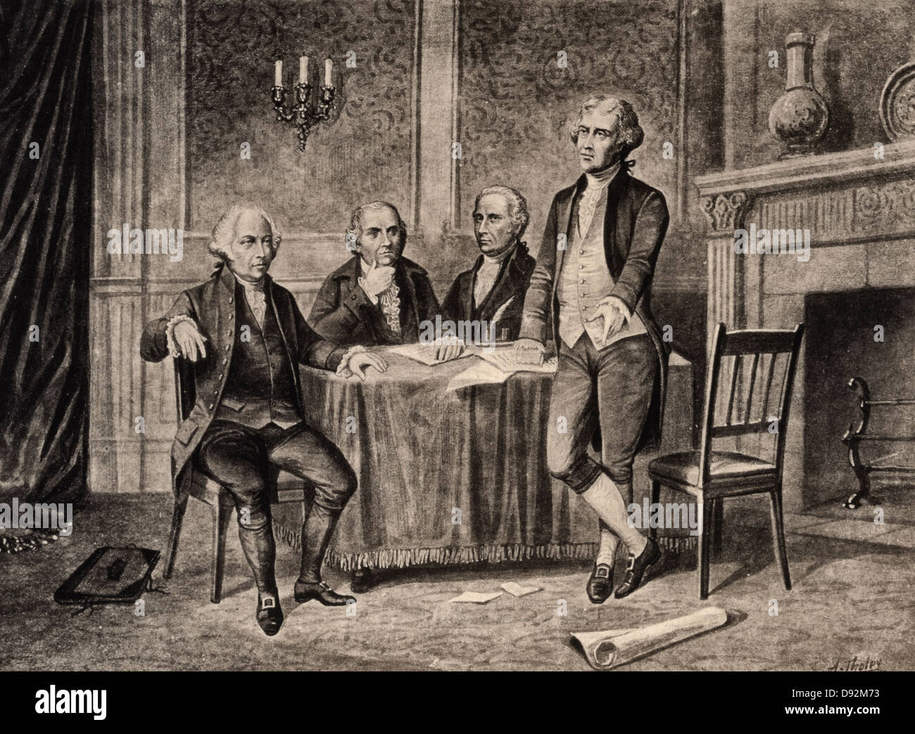 Staats-und Regierungschefs der kontinentale Kongreß, USA, ca. 1776 - Morris, Hamilton, John Adams, Jefferson Stockfoto