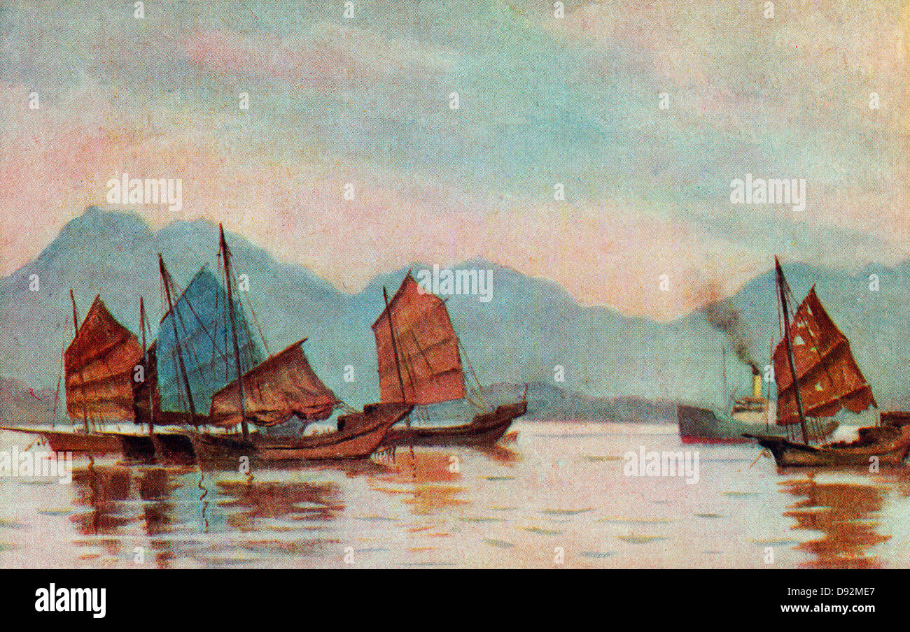 Gebürtige chinesische Dschunken, Hong Kong, China um 1910 Stockfoto