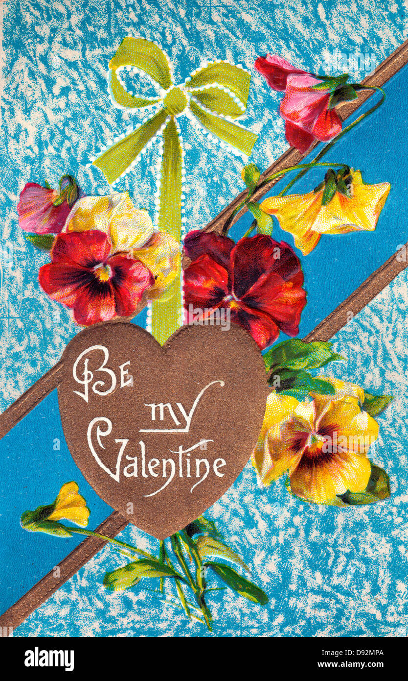 Be My Valentine - Vintage-Karte mit Herzen und Blumen Stockfoto