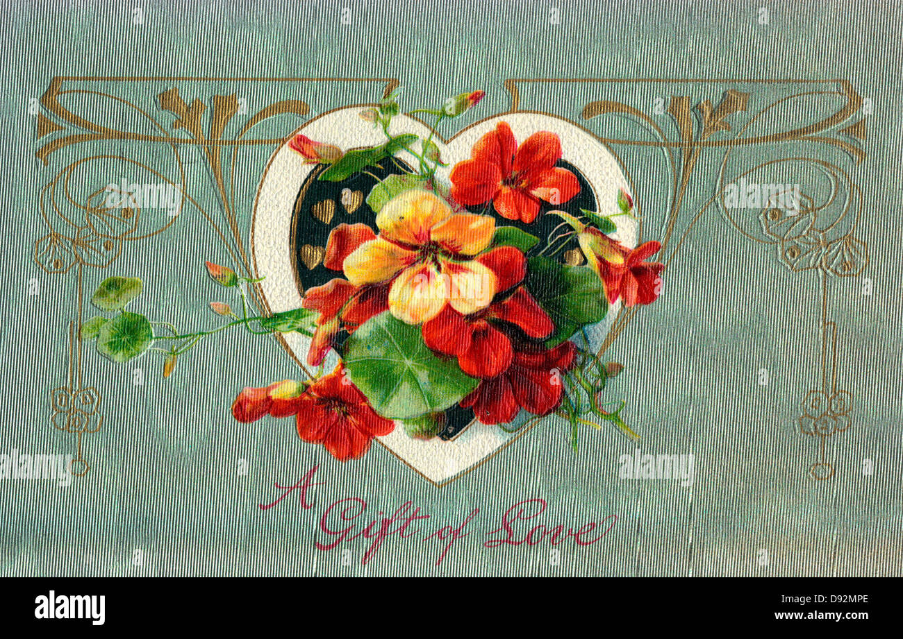Ein Geschenk der Liebe - Vintage Karte zum Valentinstag mit Herzen und Blumen Stockfoto