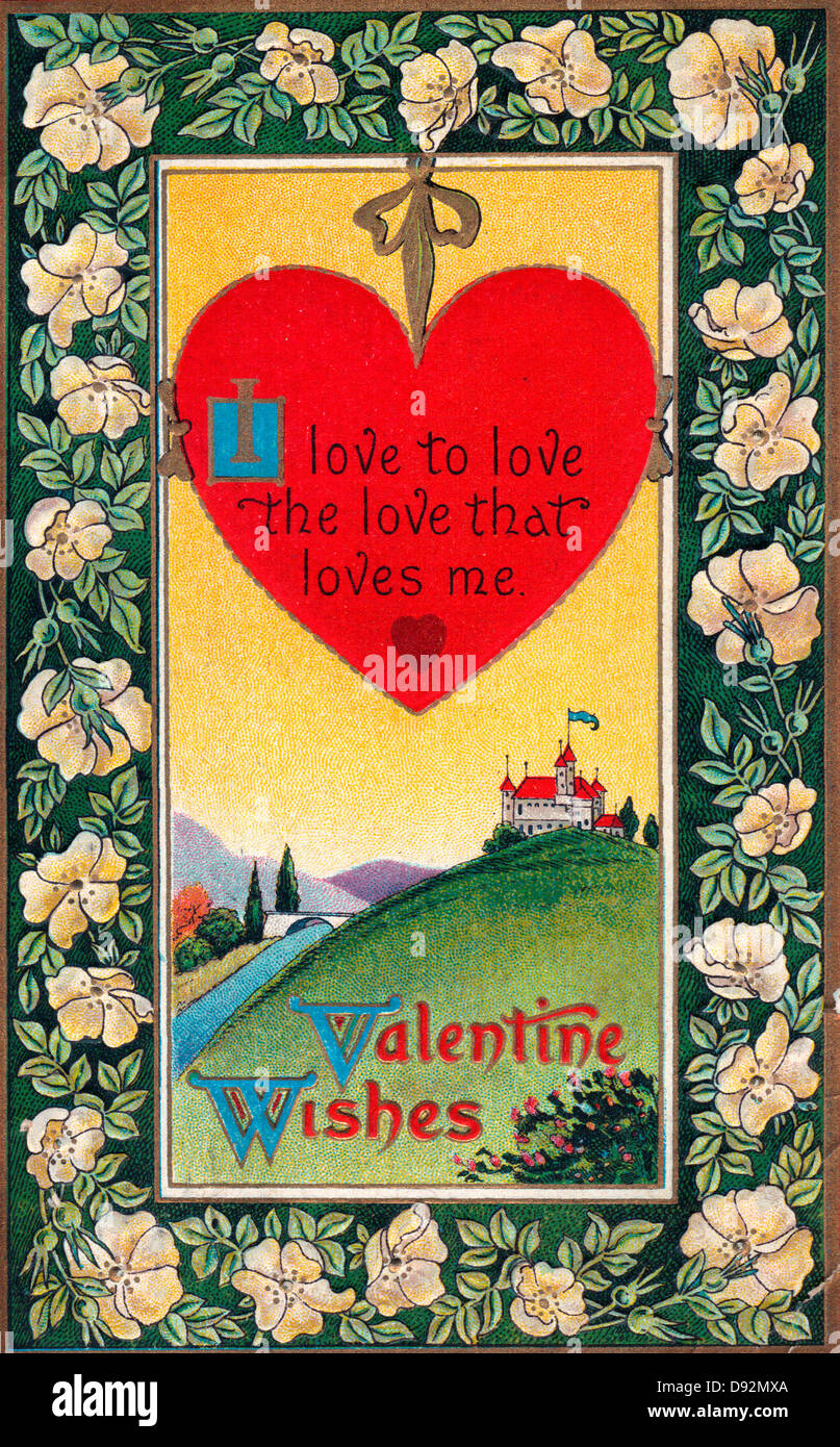 Ich liebe die Liebe, die liebt mich - Valentine Wünsche Vintage Karte Stockfoto