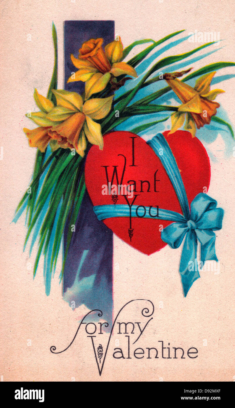 Ich will dich für mein Valentinsgruß - Vintage-Karte mit Blumen und Herzen Stockfoto