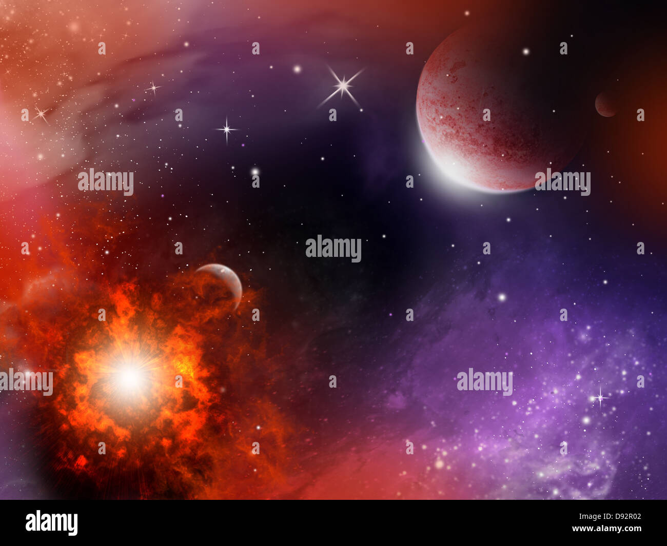 Universum, Kosmos, Raum, Weltraum, Fantasy, Planeten, Sterne, Nebel, rot, dunkel, blau, Erde, Stockfoto