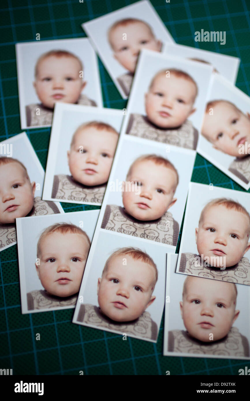 Mehrere Brieftasche Größe Passfotos eines Babys auf eine Schneidematte angeordnet Stockfoto