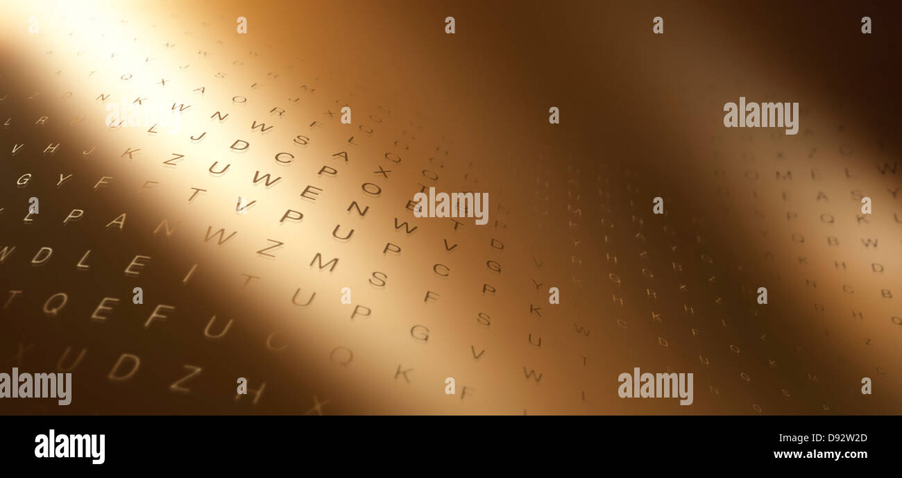 Mehrere Reihen von zufälligen Buchstaben auf eine geschwungene gold-Oberfläche Stockfoto