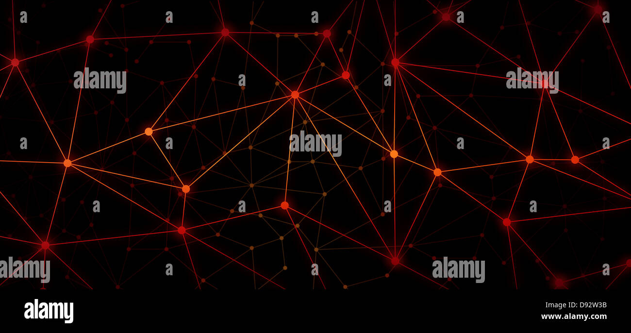Ein Netz von leuchtend roten Punkte durch Linien auf einem schwarzen Hintergrund verbunden Stockfoto