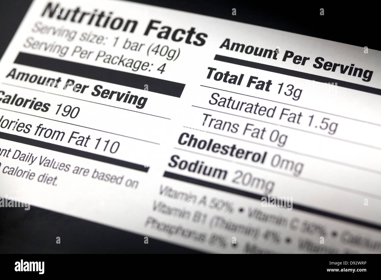 Eine ernährungsphysiologische Label, close-up Stockfoto