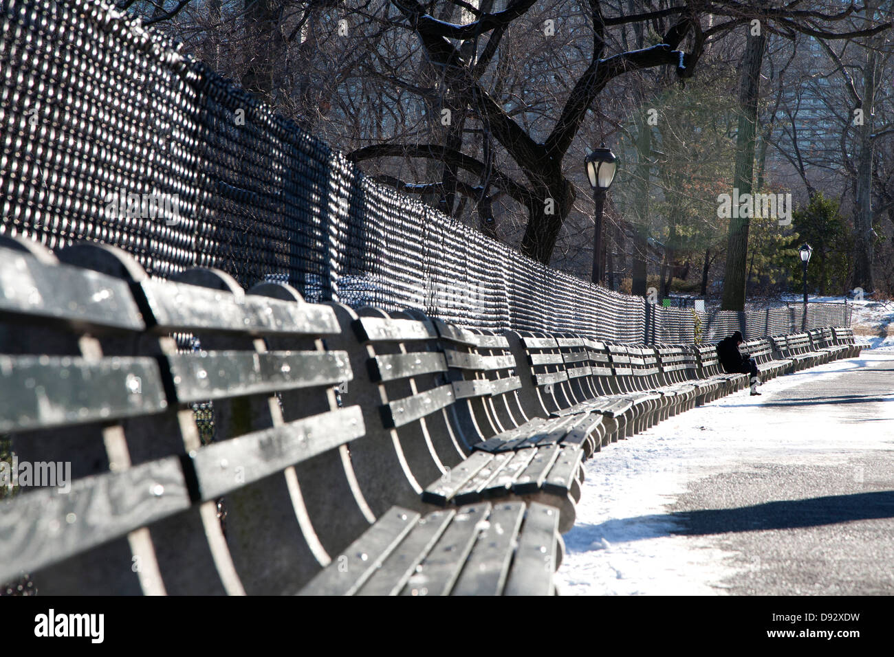 Eine entfernte Person sitzt auf einem der vielen Parkbänke in einem Park im winter Stockfoto