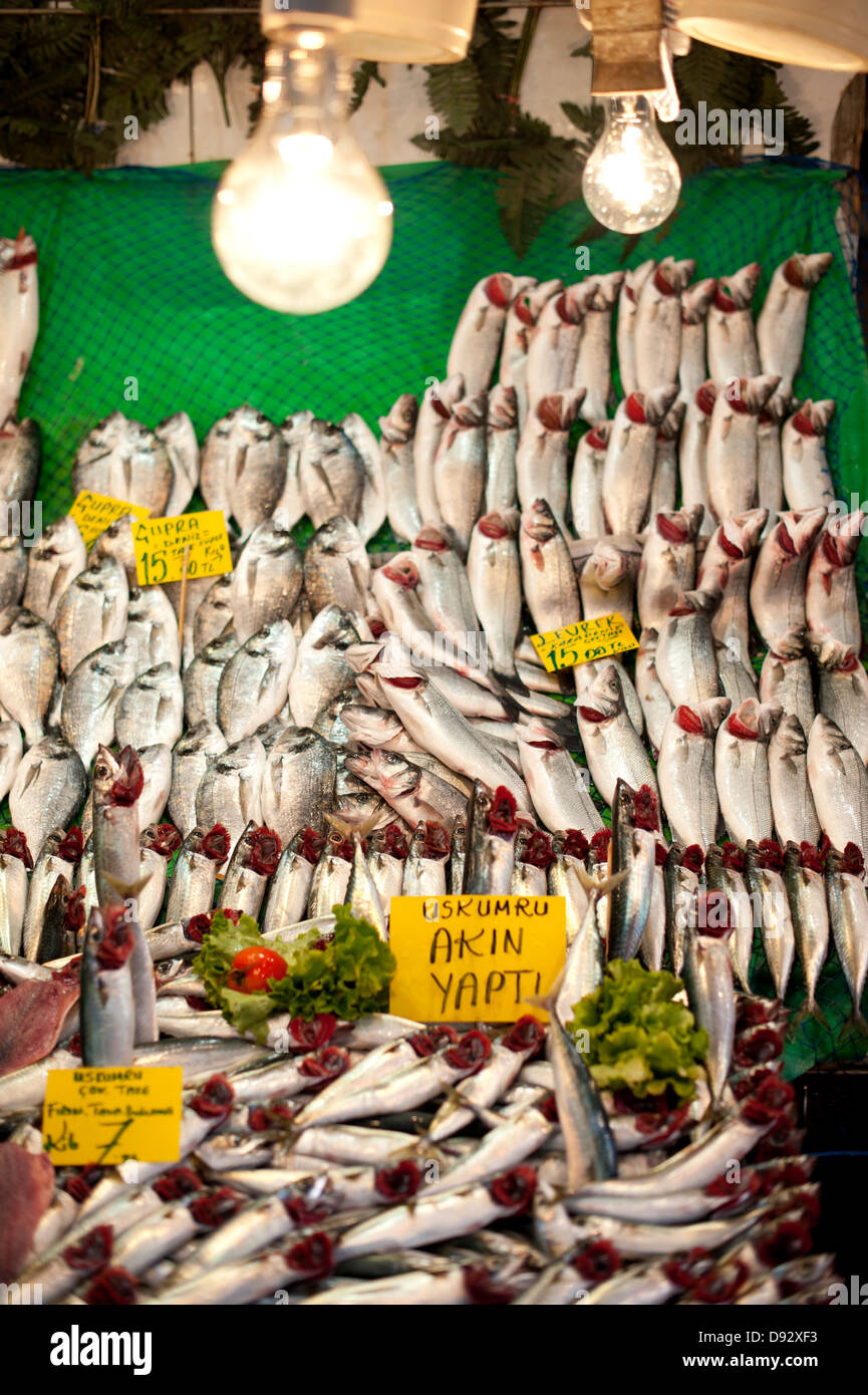 Sardinen zum Verkauf an einen Fischmarkt in Istanbul, Türkei Stockfoto