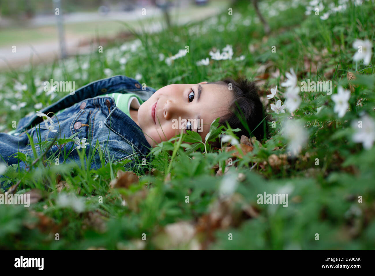Lächelnde junge Gras liegend Stockfoto