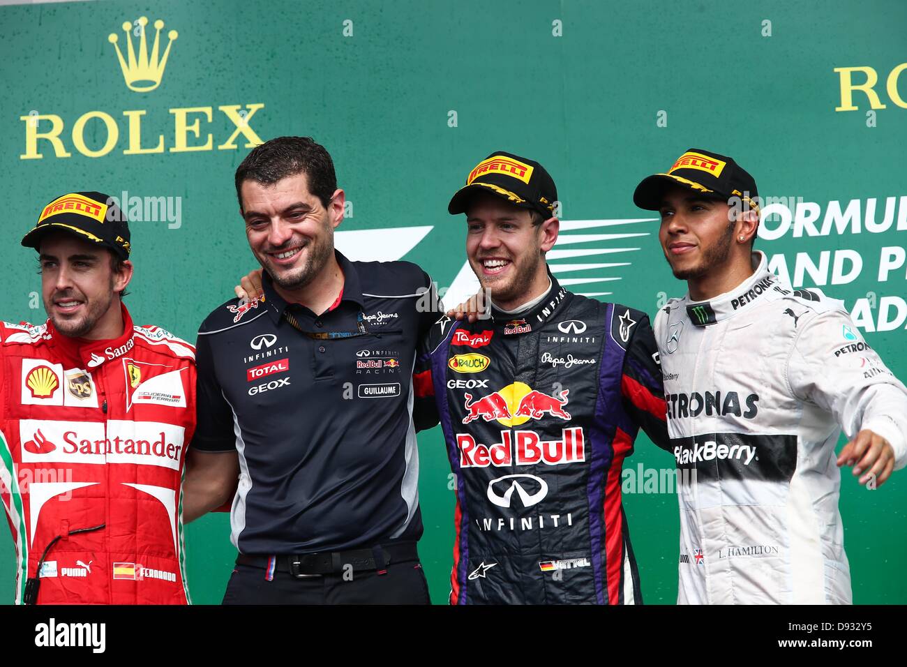 Montreal, Kanada. 9. Juni 2013.  Top 3 auf dem Podium (L-R) Fernando Alonso (ESP), Scuderia Ferrari (2.), 'Rocky' Guillaume Rocquelin Renningenieur, Sebastian Vettel (GER), Infiniti Red Bull Racing Sebastian Vettel (GER), Infiniti Red Bull Racing (Rennen Sieger und Lewis Hamilton (GBR), Mercedes AMG Petronas F1 Team (3.) - Formel 1 World Championship 2013 - Runde 07 am Circuit Gilles Villeneuve in Montreal, Kanada - Kredit-Sonntag, 9. Juni 2013 : Dpa picture-Alliance/Alamy Live News Stockfoto