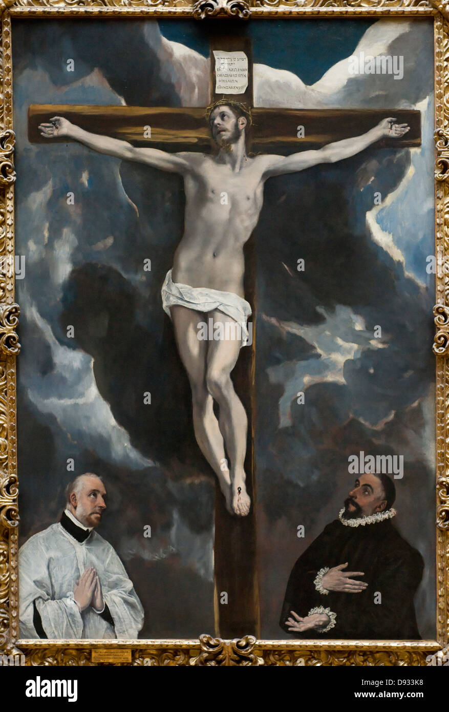 Domenico Theotocopoulos, aka El Greco Christus Kreuz von zwei Spender Museum Louvre - Paris verehrt. Stockfoto