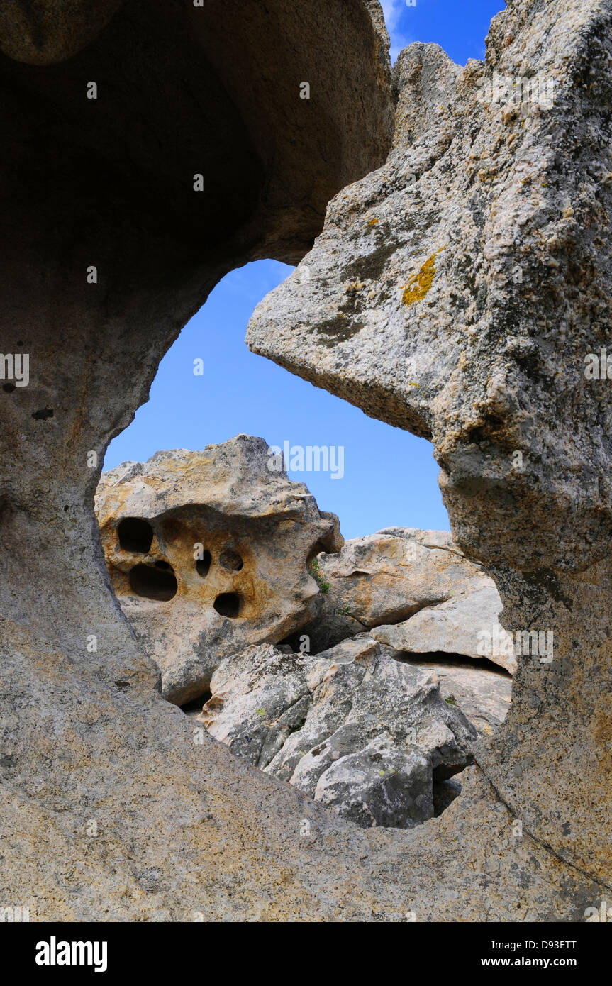 Tafoni-Felsen, in der Nähe von Calvi, Balagne Region Haute-Corse, Korsika, Frankreich Stockfoto