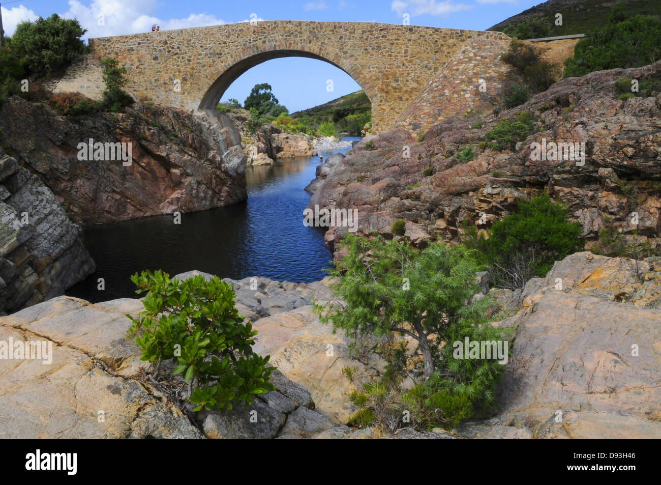 Überbrücken Sie Fango-Fluss, Vallée du Fango, Filosorma Region Haute-Corse, Korsika, Frankreich Stockfoto