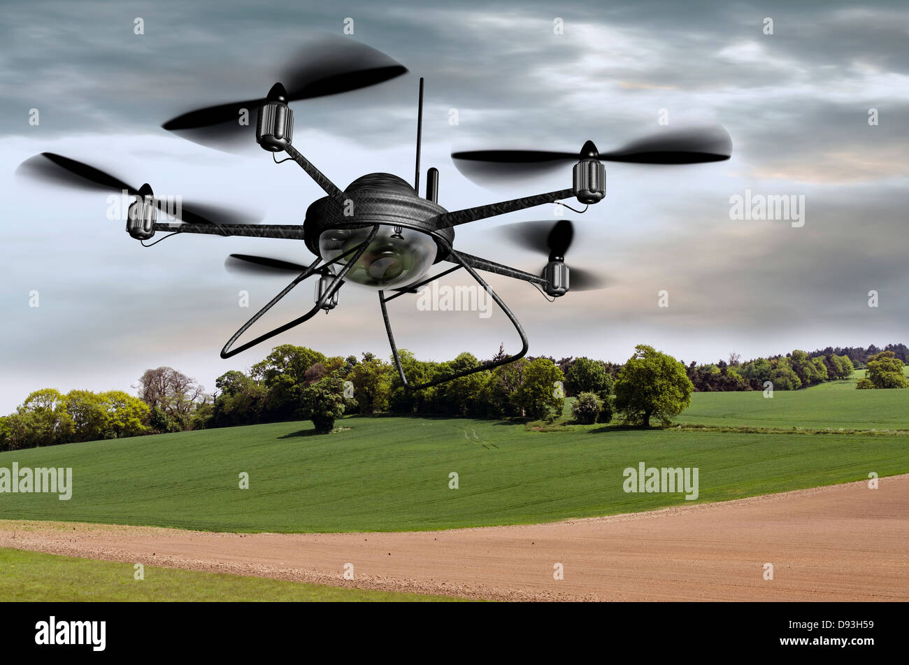 Abbildung einer Überwachung Drohne suchen die Landschaft Stockfoto