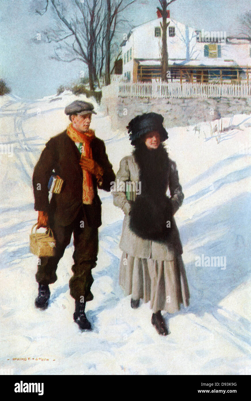 Junge wandern ein Mädchen auf ein Winter morgen zur Schule, Anfang 1900. Farbe halftone einer Illustration von Howard E. Stockfoto