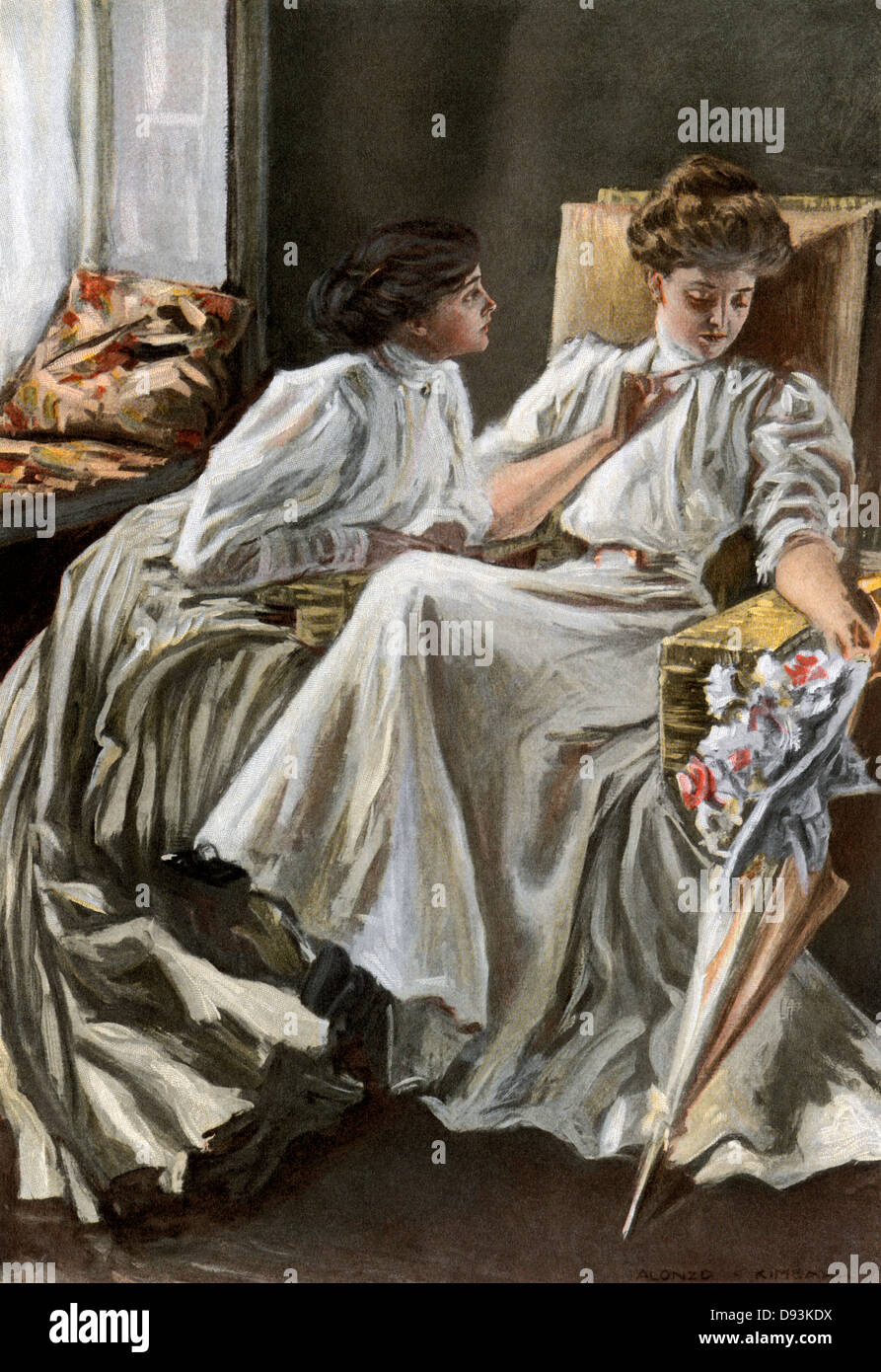 Junge Frauen teilen Geheimnisse, ca. 1900. Farbe Grauwerte für eine Illustration von Alonzo Kimball Stockfoto