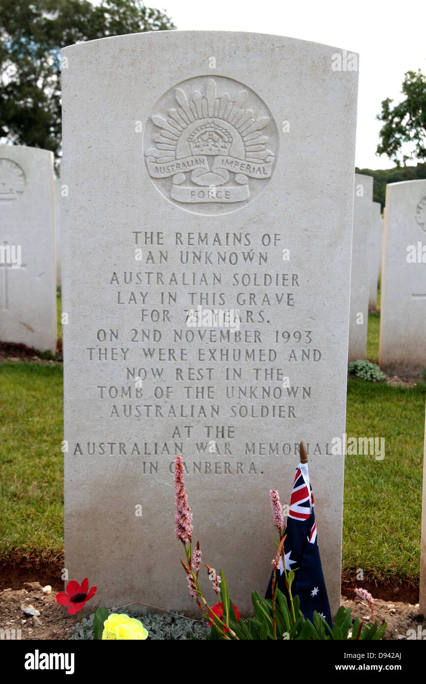 Die Handlung von denen Australiens unbekannten Soldaten wurde in 1993, Adelaide Friedhof, Villers-Bretonneux, Somme, Frankreich exhumiert. Stockfoto