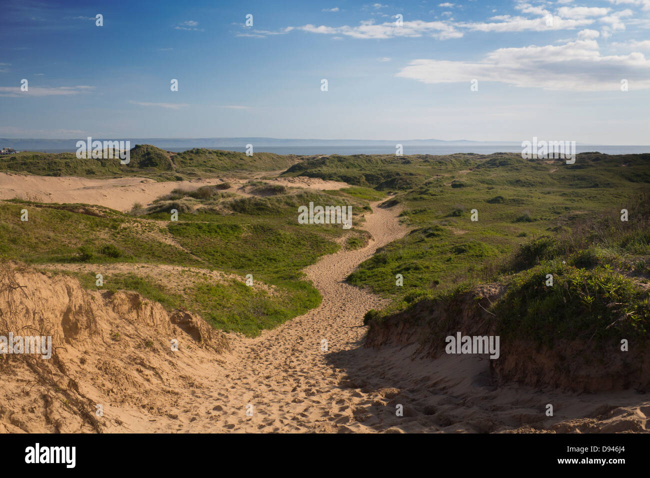 Merthyr Mawr Warren Sanddünen mit Blick in Richtung Ogmore und Bristol Channel Bridgend County Vale von Glamorgan South Wales UK Stockfoto