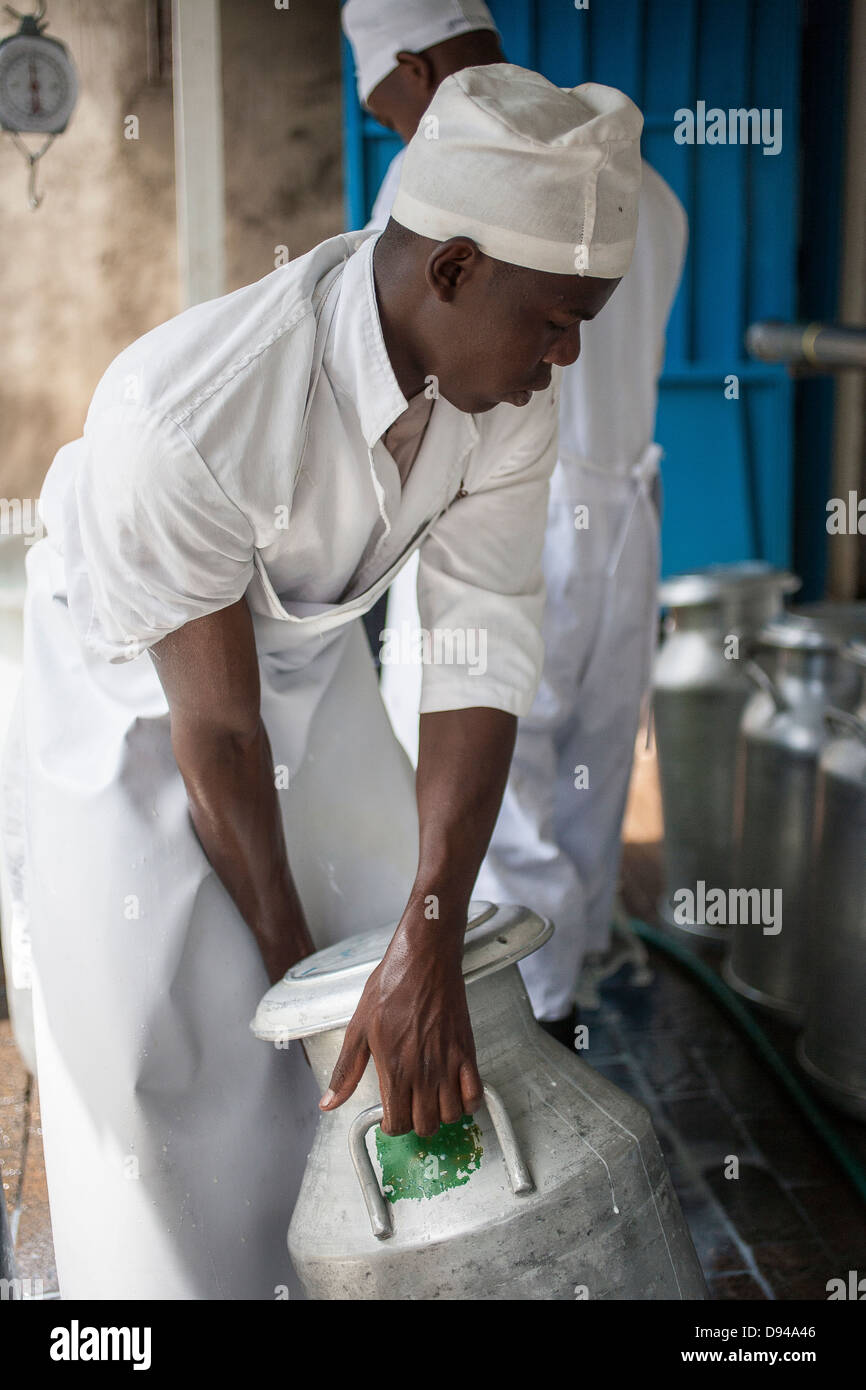 zwei Männer bewegt Milchkannen zu Käse auf eine Käserei in Kenia Stockfoto