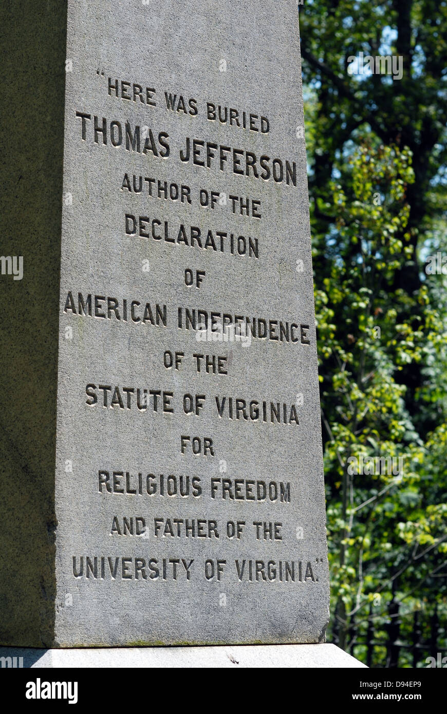 Jeffersons Grabmal und Friedhof in Monticello in der Nähe von Charlottesville, Virginia, USA. Stockfoto