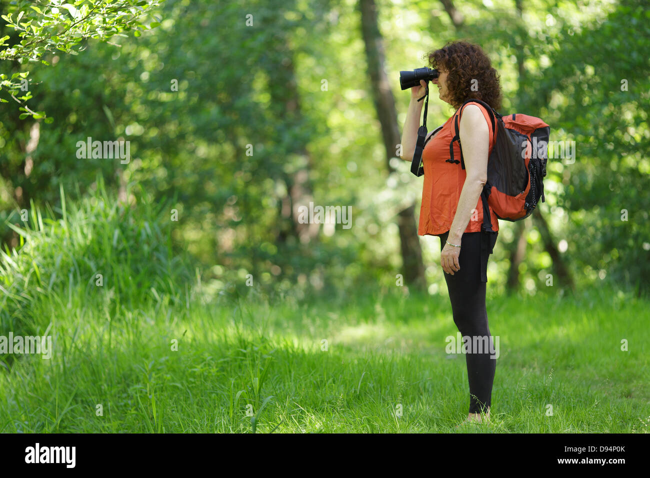 Applying Frau Tierwelt mit Fernglas beobachten Stockfoto