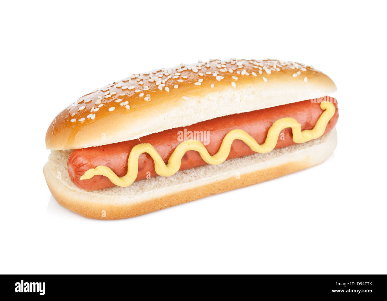 Hot Dog mit Senf. Isoliert auf weißem Hintergrund Stockfoto