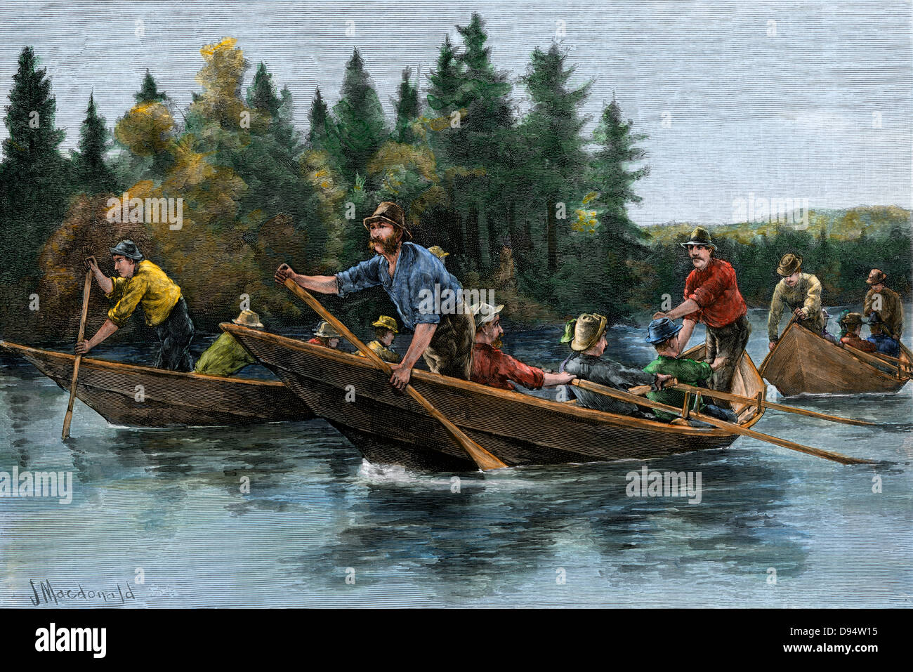 Ein Boot (Boot) Rennen im North Woods, 1800. Hand - farbige Holzschnitt Stockfoto
