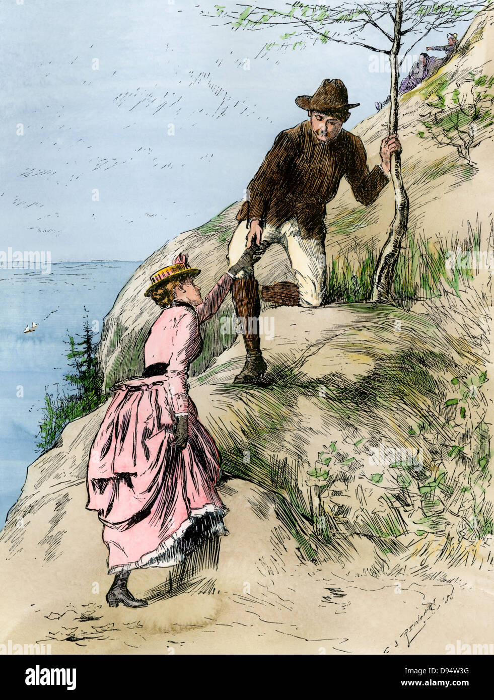 Touristen klettern Newport Mountain, Mount Desert Island, Maine, 1880. Hand - farbige Holzschnitt Stockfoto