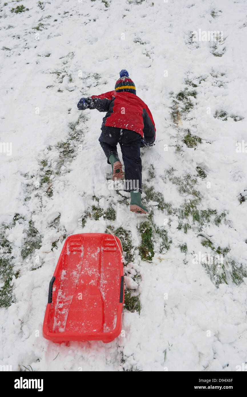 ein kleiner Junge klettert auf einem schneebedeckten Hügel mit seinem Schlitten Stockfoto