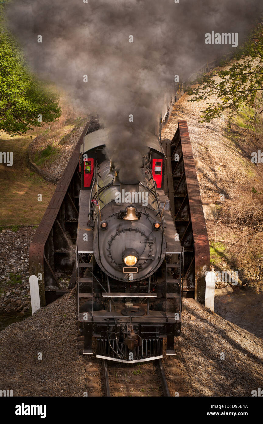 Eine antike Dampflokomotive rollt auf den Gleisen in North Carolina. Diese Dampfmaschine wurde 1952 eingestellt. Stockfoto