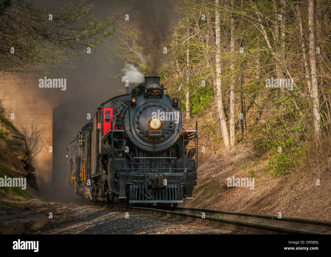 Eine antike Dampflokomotive rollt auf den Gleisen in North Carolina. Diese Dampfmaschine wurde 1952 eingestellt. Stockfoto