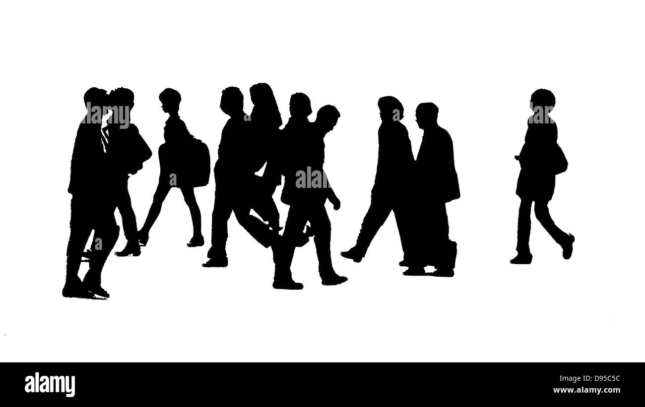 Eine Silhouette Stadt Landschaft, B&W Bild von Menschen, die die Straße überqueren Stockfoto