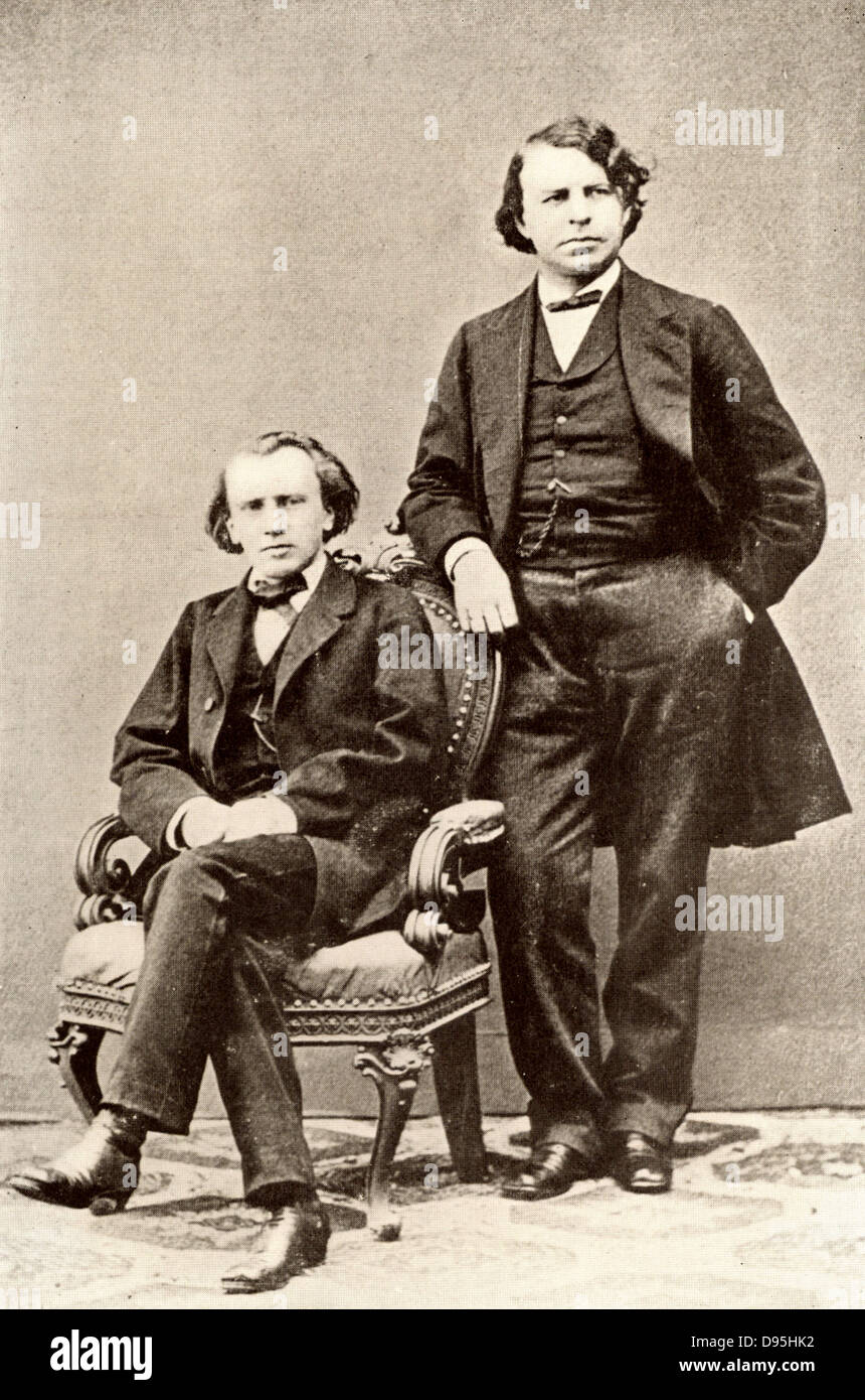 Johannes Brahms (1833-1897), deutscher Komponist, Sitz, mit Joseph Joachim (1831-1907), ungarischer Violinist und Komponist und Direktor der Berliner Wintergarten. Halbton aus einem Foto. Stockfoto