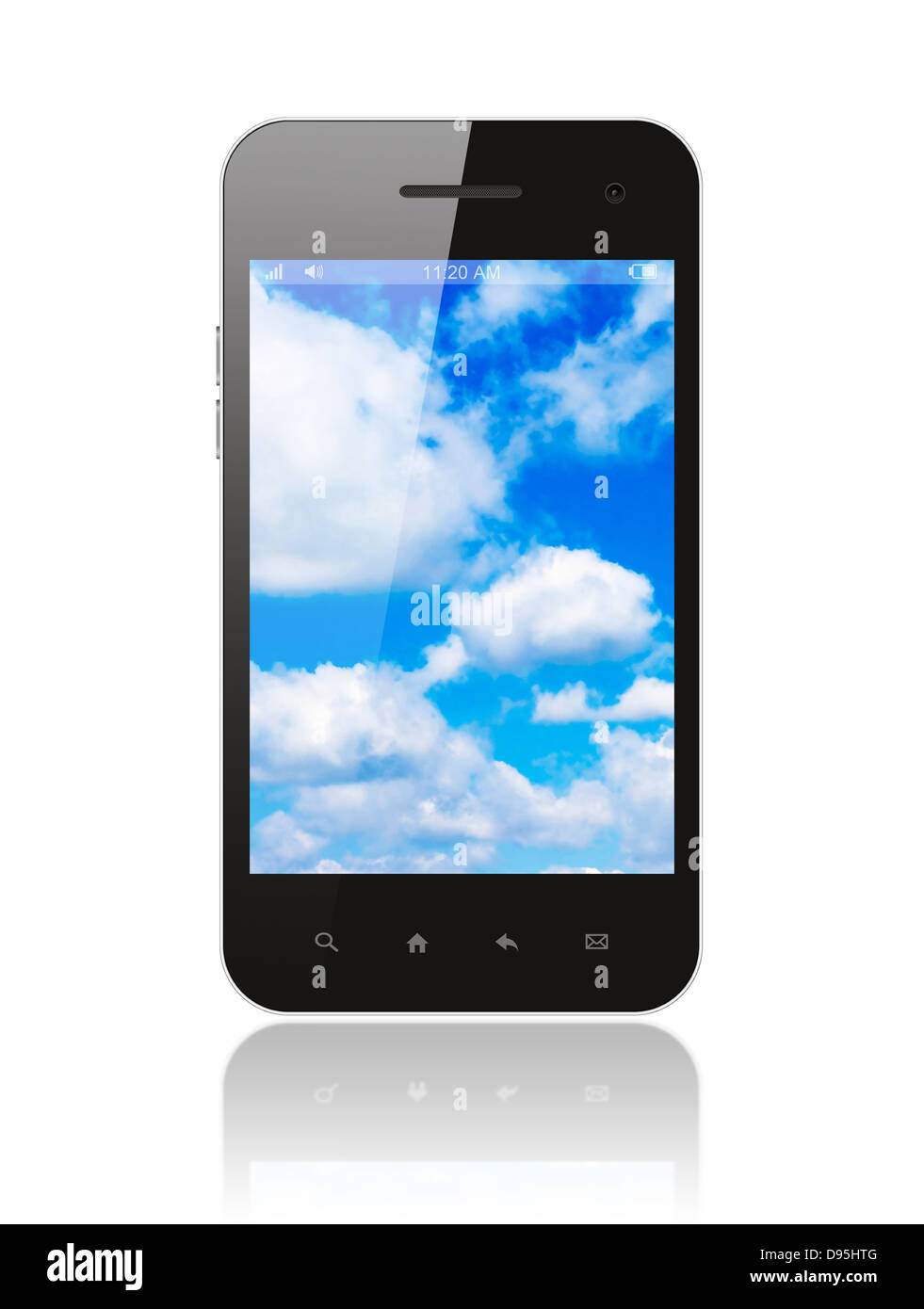 Smartphone mit blauem Himmel auf weißem Hintergrund Stockfoto