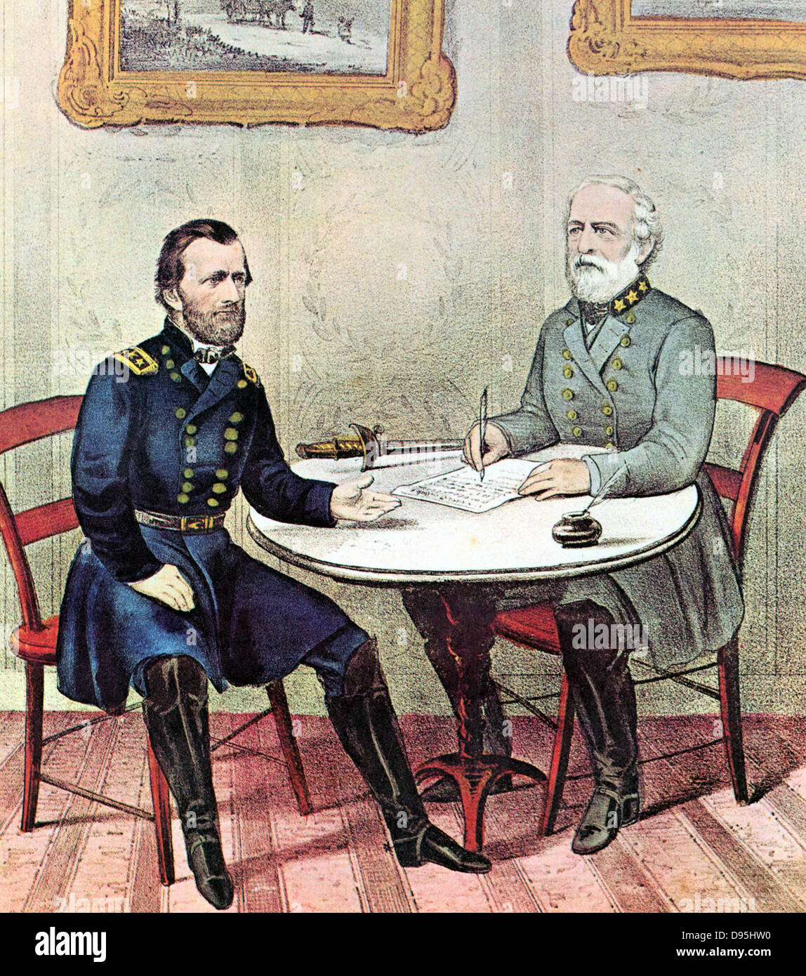 Amerikanische Bürgerkrieg: Die Generäle Grant (links) und Lee Tagung am Palmsonntag 1865 Arbeit, die Bedingungen für die Auslieferung von Lees Armee von Northern Virginia. Von einem Currier & Ives drucken. Stockfoto