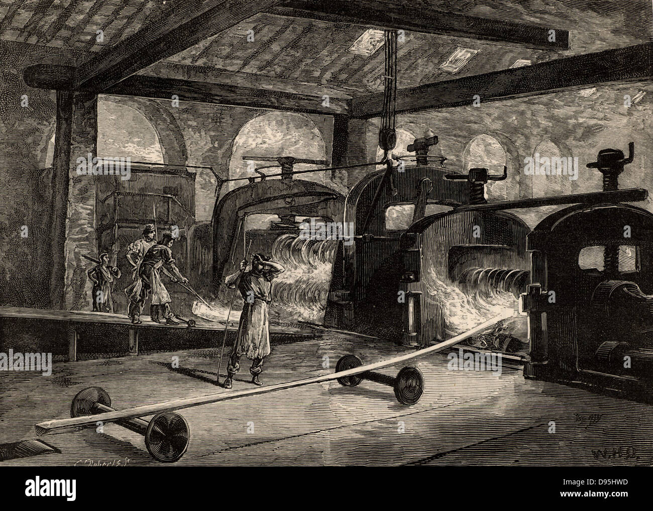 Eine Batterie von Walzwerken stahl schiene. Abbildung des britischen Künstlers William Heysman Overend (1851-1898). Gravur von "großen Industrien von Großbritannien" (London, 1880). Gravur. Stockfoto
