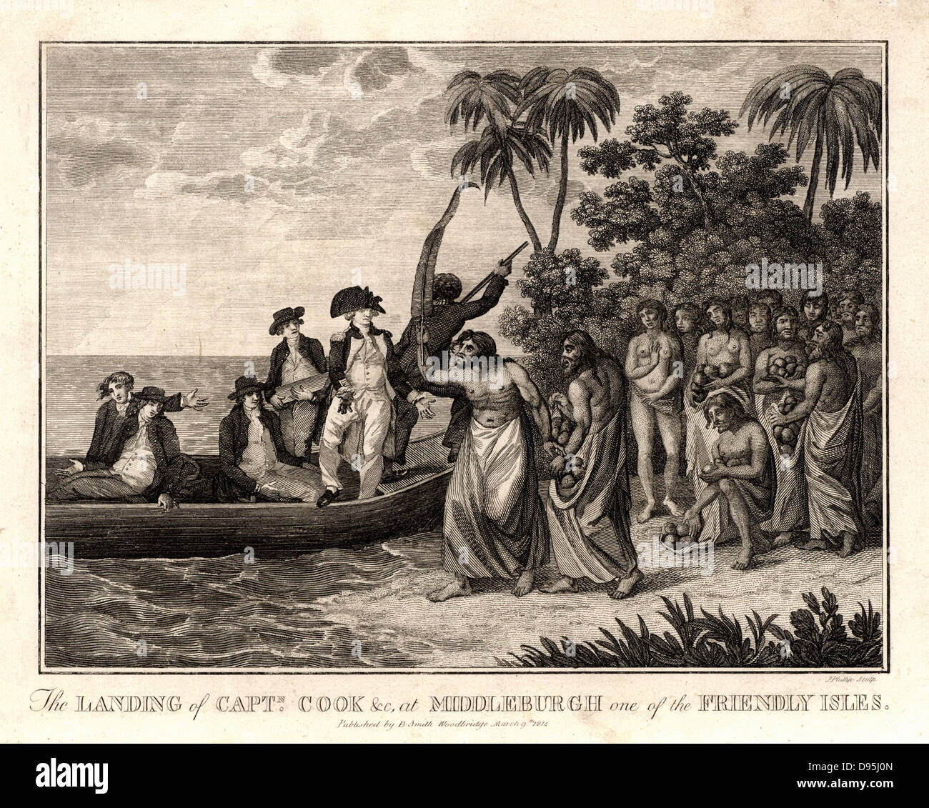 James Cook (1728-79) Englisch Explorer und Navigator und hydrographer Landung auf die freundlichen Inseln (Königreich Tonga) im Jahr 1773. Von "Captain Cook's Original Weltreisen' (Woodbridge, Suffolk, c 1815). Gravur. Stockfoto
