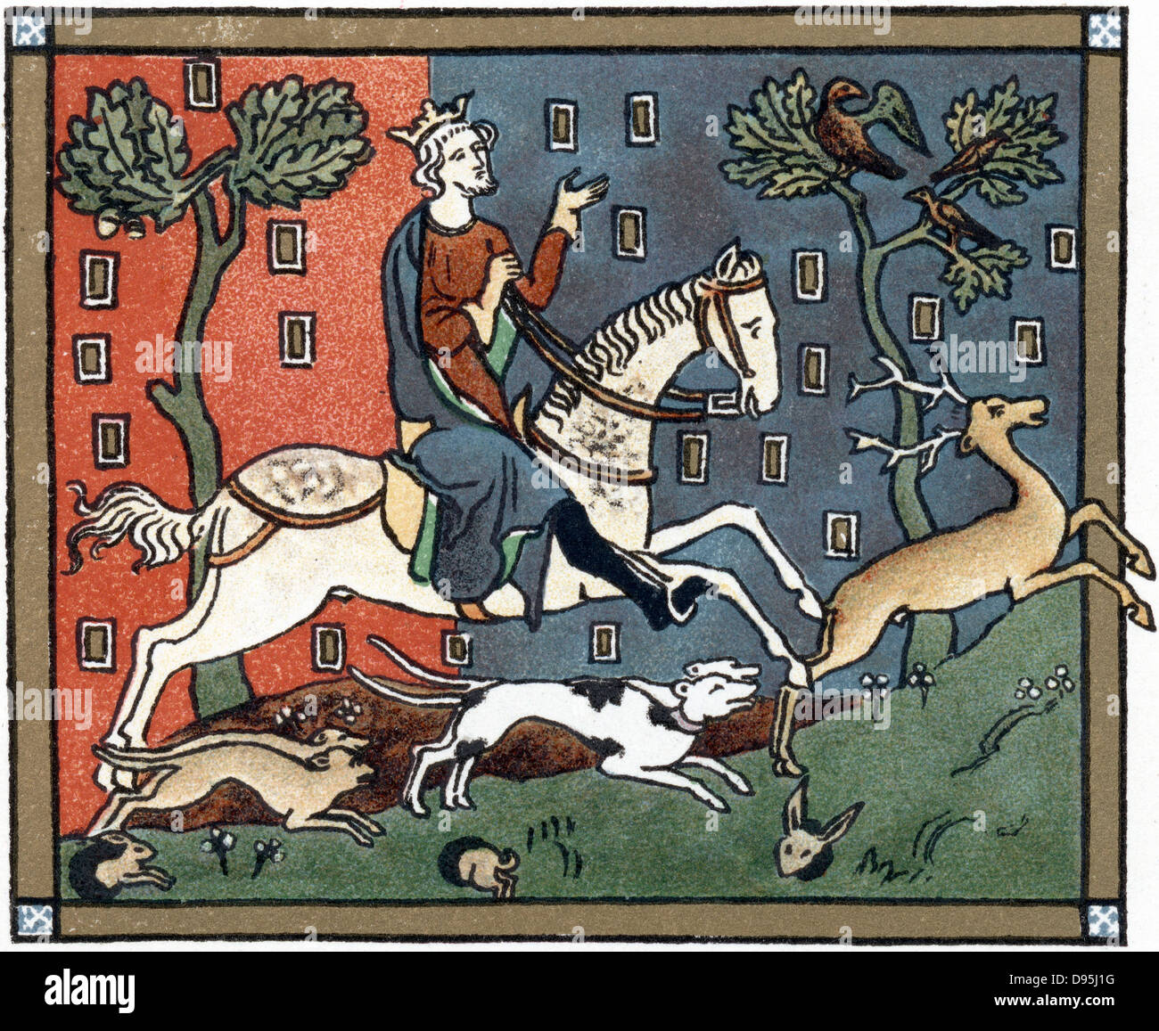 John (1167-1216) Plantagenet König von England von 1199, auf die Jagd. Farblitho nach eine mittelalterliche Handschrift. Stockfoto