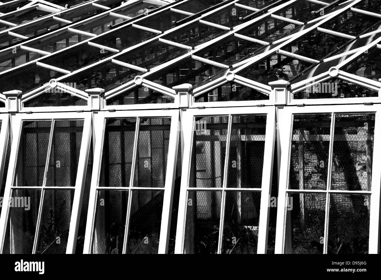 Geometrische Muster auf einem Gewächshaus und Fenster System. Stockfoto