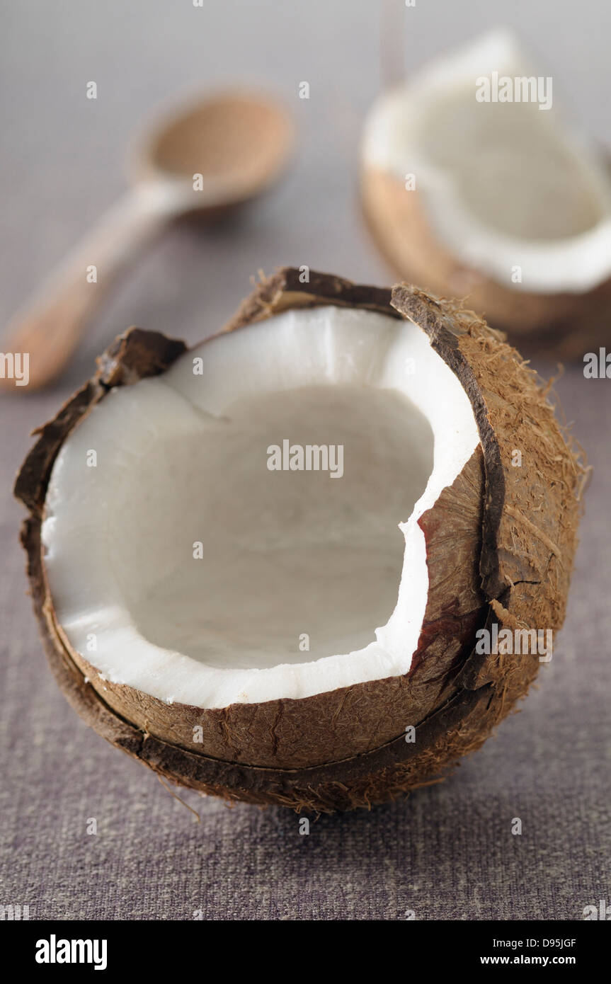 Nahaufnahme der geöffneten Kokosnuss, Studioaufnahme Stockfoto