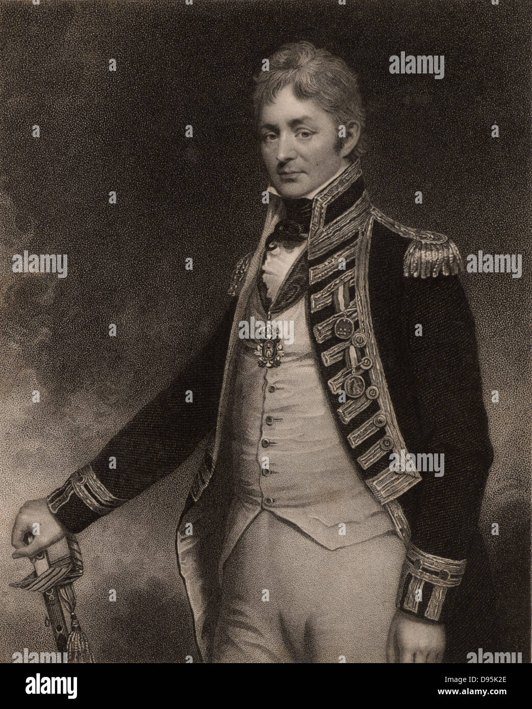 Thomas Troubridge (c 1758-1807) englische Marineoffizier, die in den Rang eines Konteradmiral rose. Die Royal Navy im Jahr 1773 eingegeben, in Ostindien, in der Schlacht bei Kap St. Vincent, und Aboukir Bay. Im Jahre 1807 sein Schiff scheiterte von Madagaskar und er und seine gesamte Crew waren verloren. Von "National Portrait Gallery' von James Jerdan (London, 1830). Stockfoto
